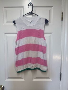 crown & ivy Pink and White Striped Sleeveless Crew Sweater Tank with Green Trim